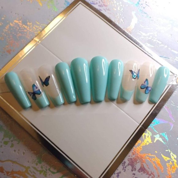 Cyan/blue/green butterfly  luxury press on nails - Picture 3 of 5
